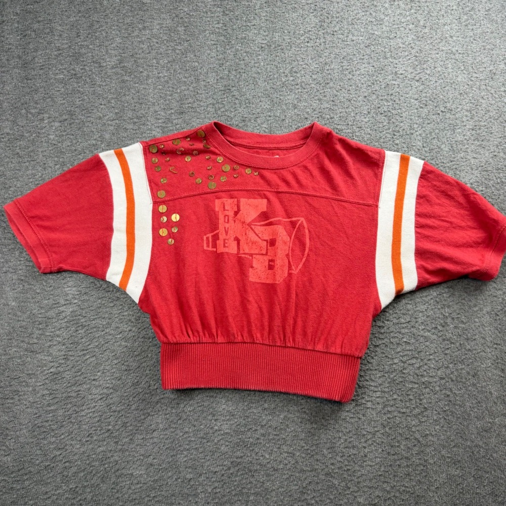 Kimchi Blue Cropped Varsity T-Shirt Women Small Red Sequin Stripe Batwing Sleeve